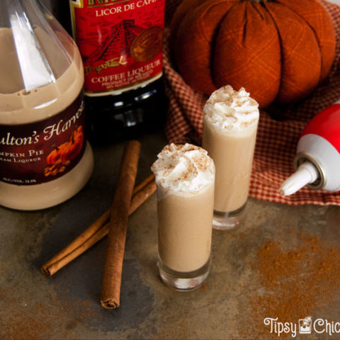 two tall shot glasses filled with pumpkin spice latte shots topped with whipped cream and a sprinkle of cinnamon on a mottled tile back ground with cinnamon sticks, a fabric pumpkin, Fulton's harvest pumpkin liqueur, kapali coffee liqueur and whipped cream in the background