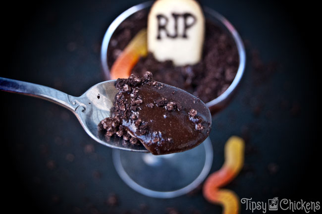 An adult twist on the Halloween classic. Drunk in the Graveyard swaps out the standard chocolate pudding for something darker with a alcoholic twist