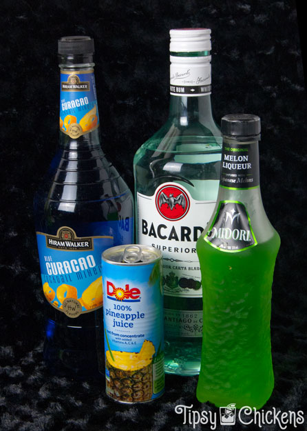 monster smash ingredients, Bacardi rum, pineapple juice Midori and Blue Curacao 