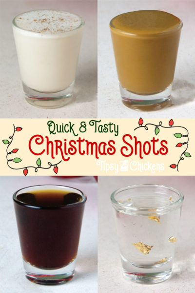four shot glassed filled with different Christmas Shots