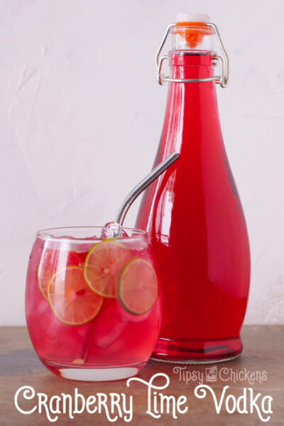 bottle of cranberry and lime infused vodka in a glass bottle with a clear glass cup filled with  ice, lime slices and cranberry lime vodka soda with a metal straw