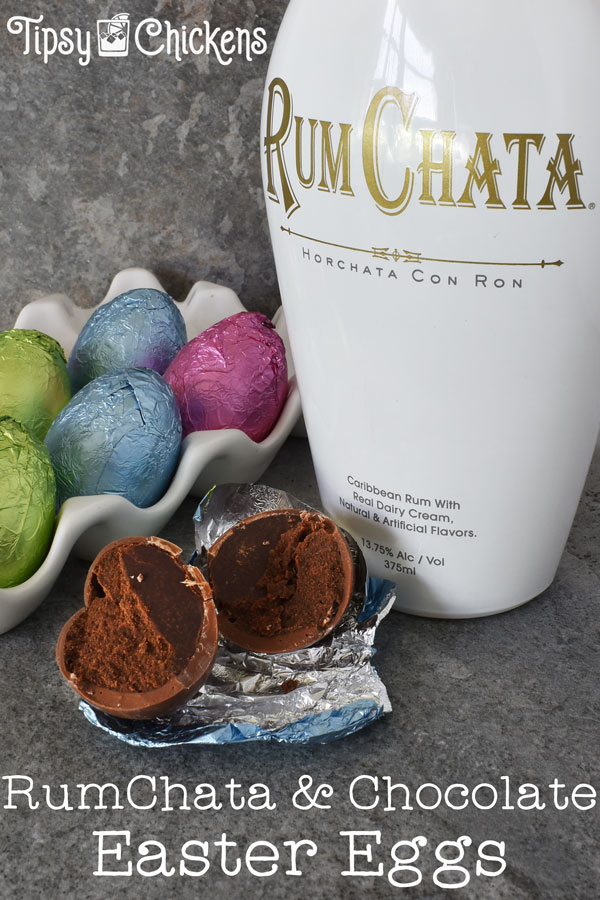 bottle of RumChata, hollow chocolate Easter eggs filled with chocolate RumChata ganache