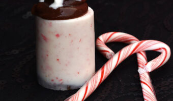 peppermint bark shot glass made with almond bark and crushed candy canes filled with chocolate peppermint pudding topped with whipped cream and red candies